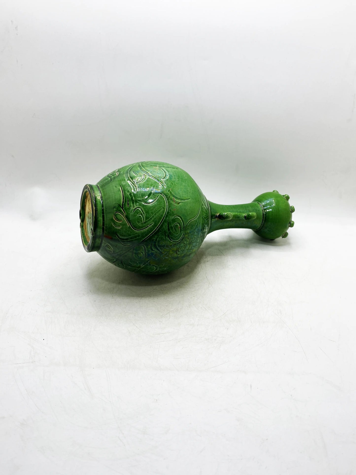 清代緑釉彫刻双耳ニンニク頭花瓶