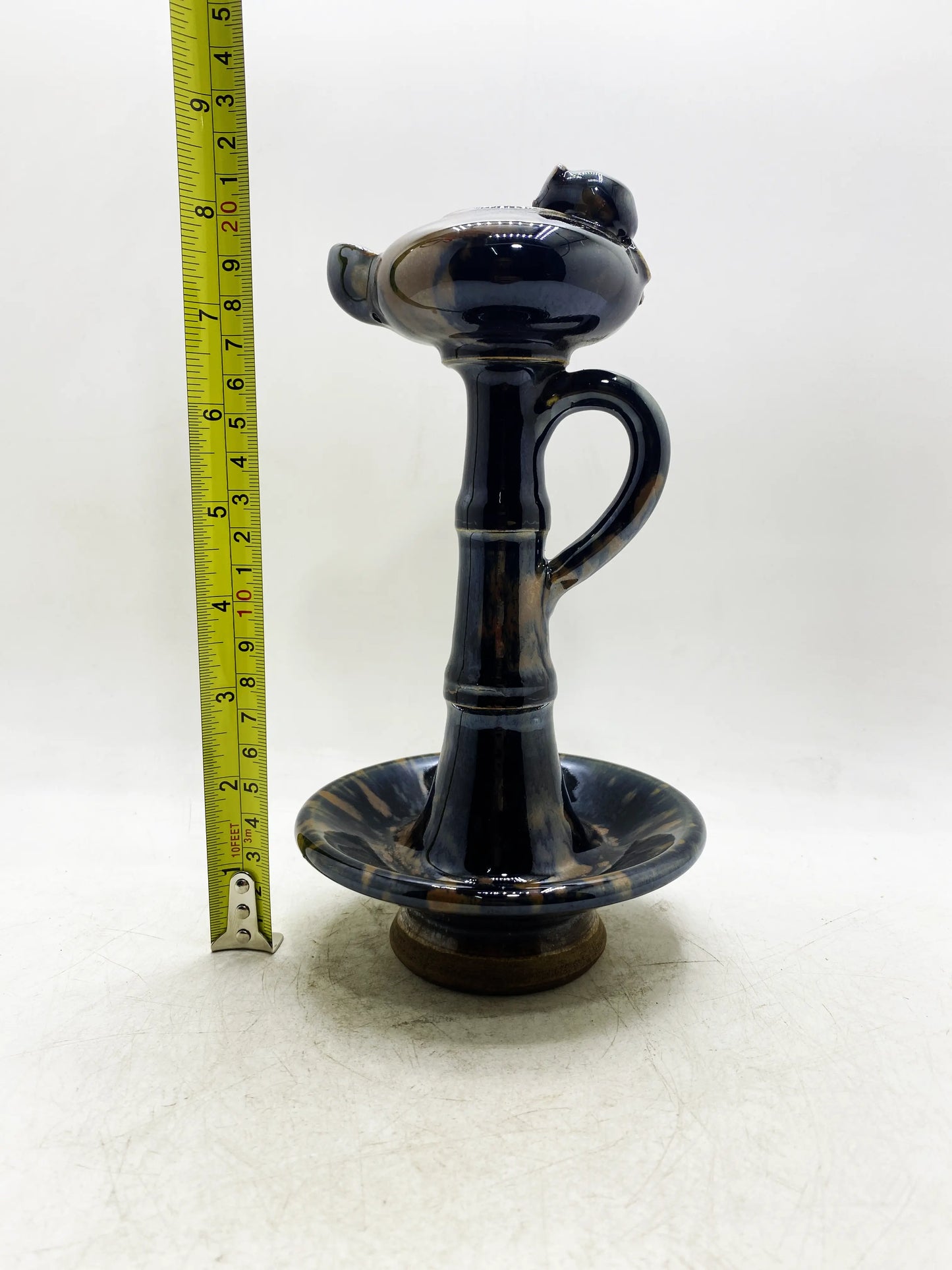 Qing Dynasty Black Glaze Bamboo Joint Handle Oil Lamp