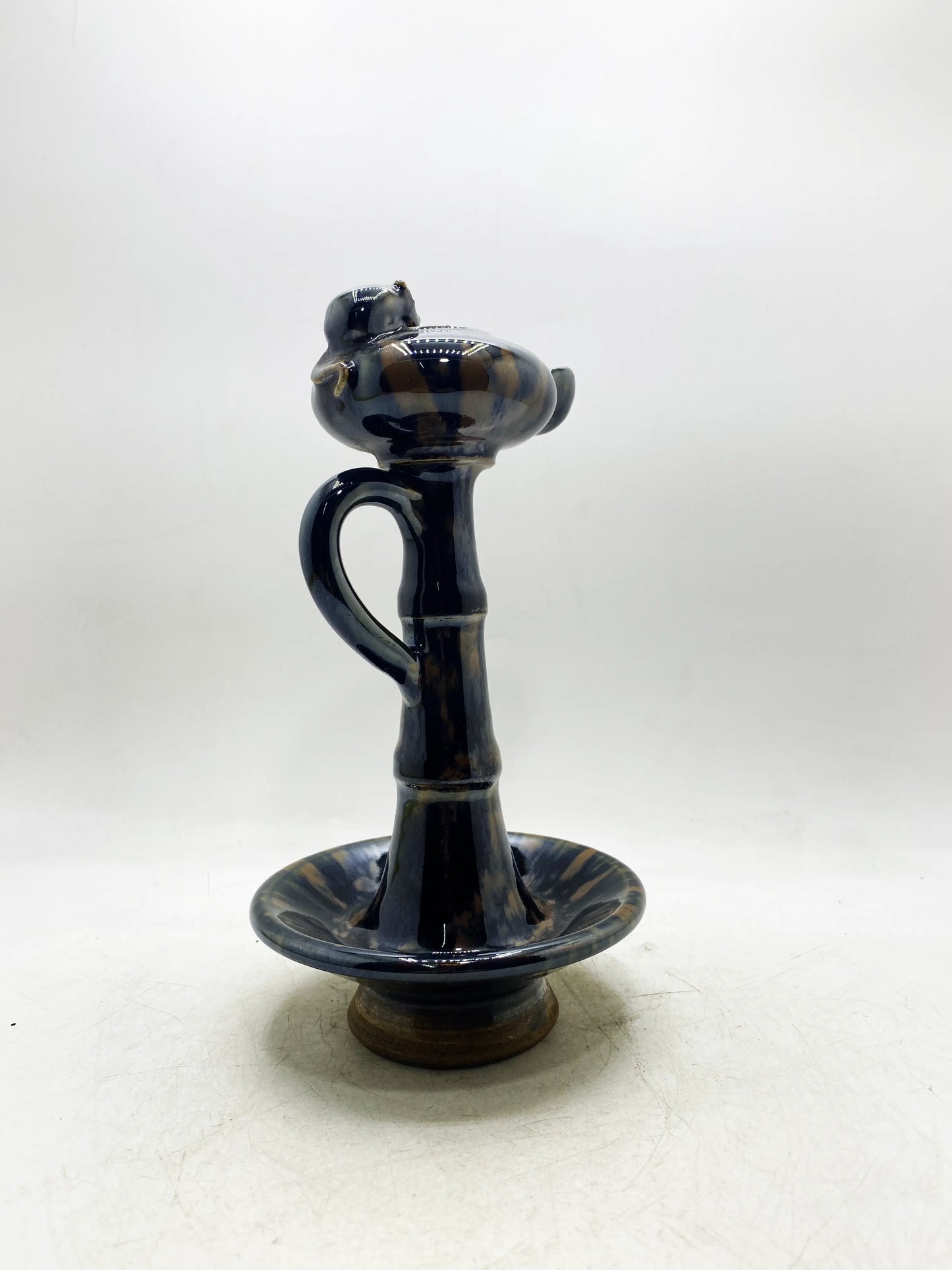 Qing Dynasty Black Glaze Bamboo Joint Handle Oil Lamp