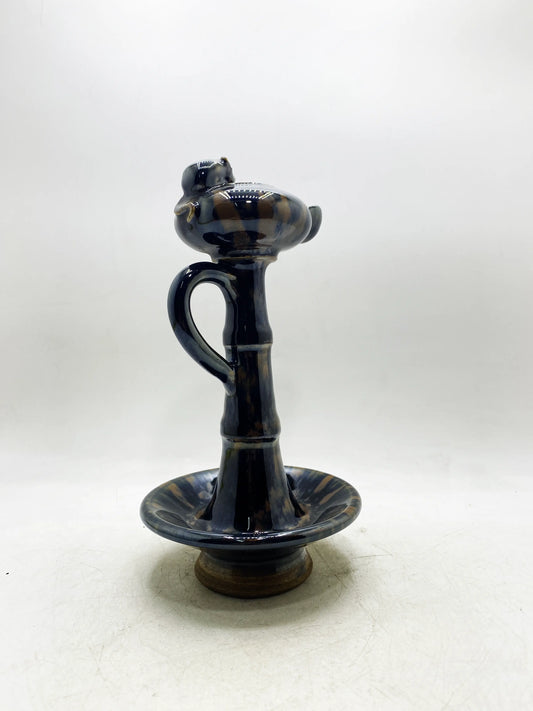 Qing Dynasty Black Glaze Bamboo Joint Handle Oil Lamp