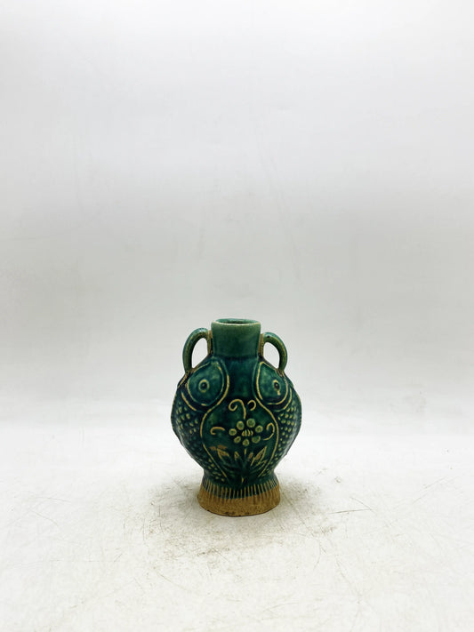 Ming Dynasty Peacock Blue Glaze Carved Double-Fish Double-Ear Vase