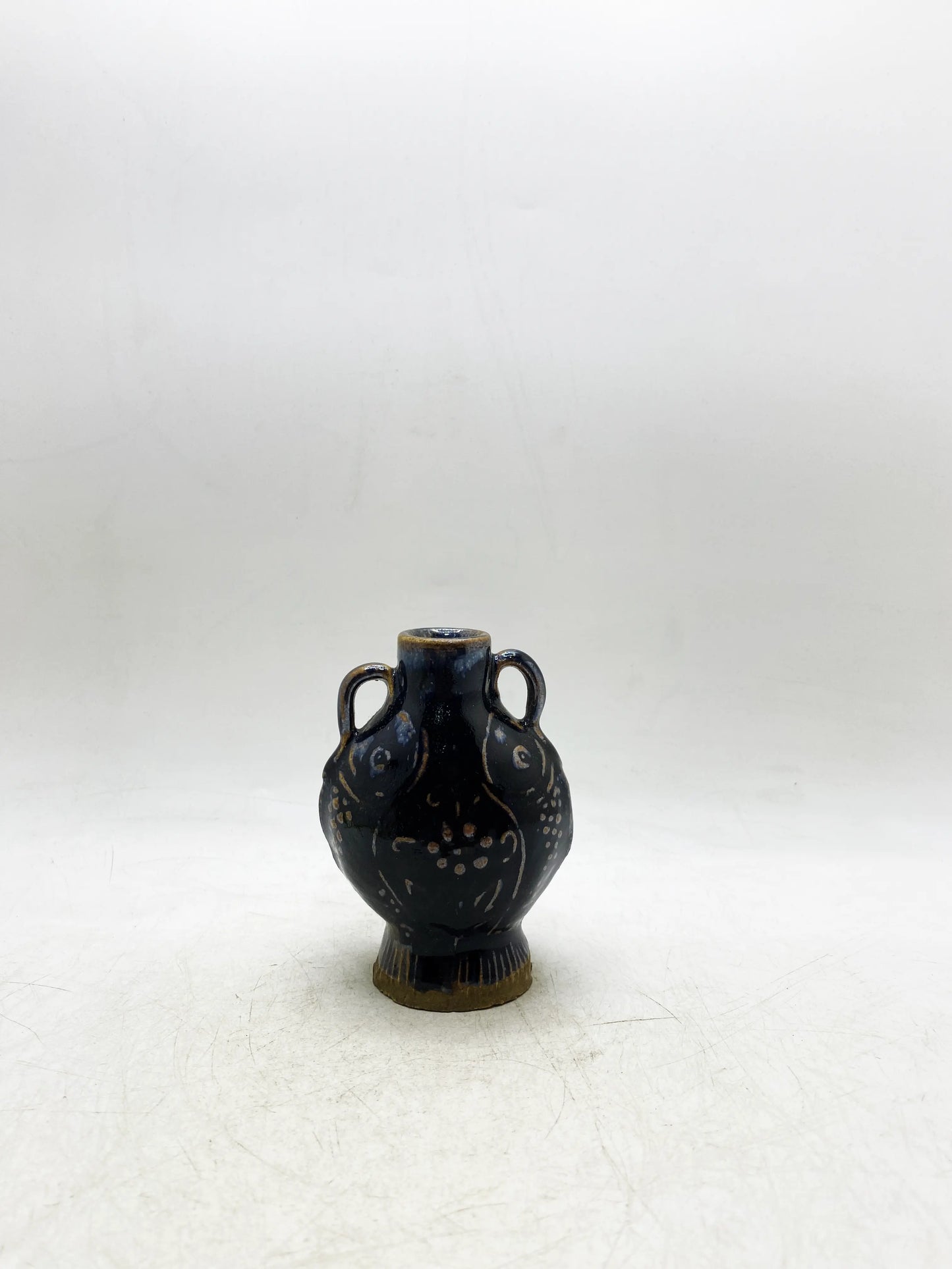 Ming Dynasty Black Glaze Carved Double-Fish Double-Ear Vase