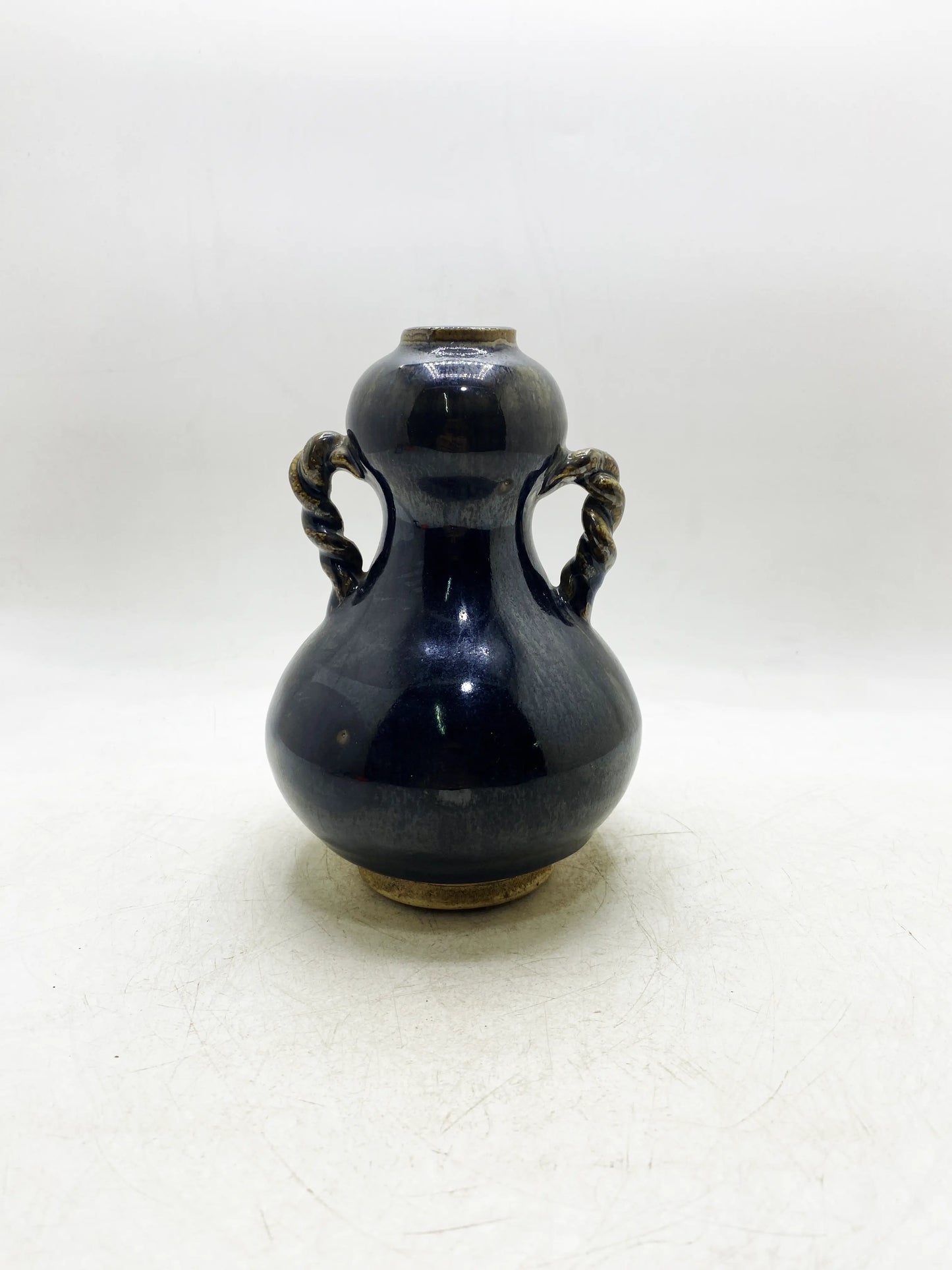 清代黒釉窯変縄耳瓢花瓶