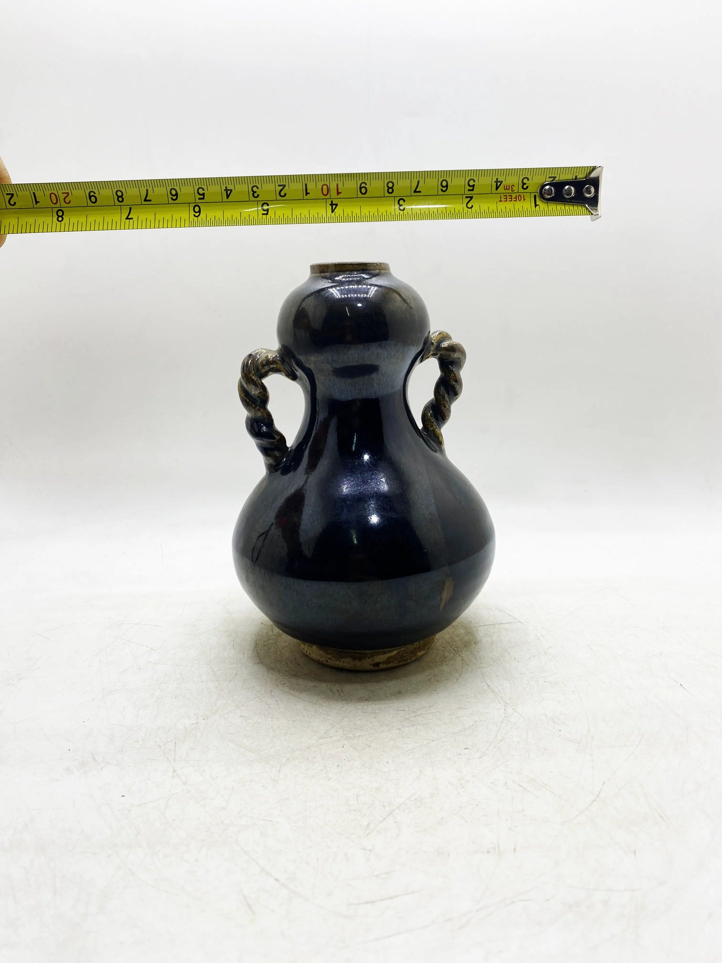 清代黒釉窯変縄耳瓢花瓶